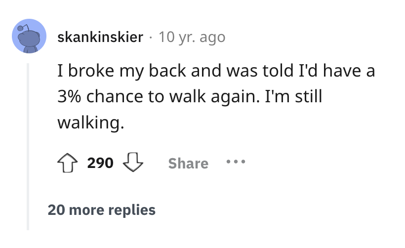 screenshot - skankinskier 10 yr. ago I broke my back and was told I'd have a 3% chance to walk again. I'm still walking. 290 20 more replies